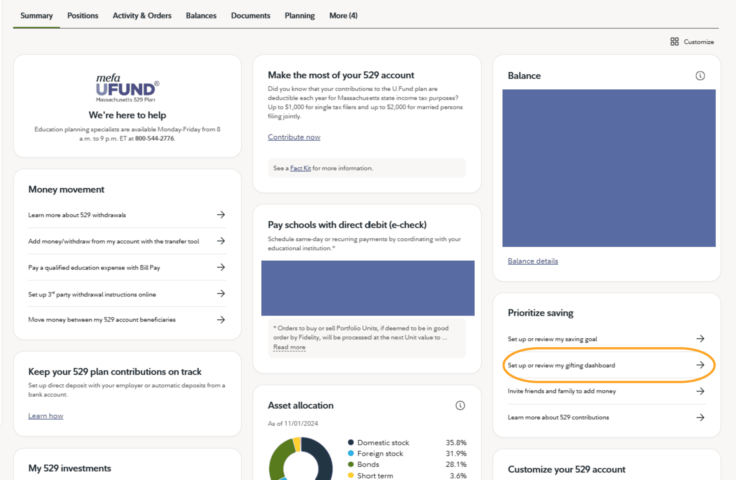 Screenshot of the MEFA U.Fund account summary page