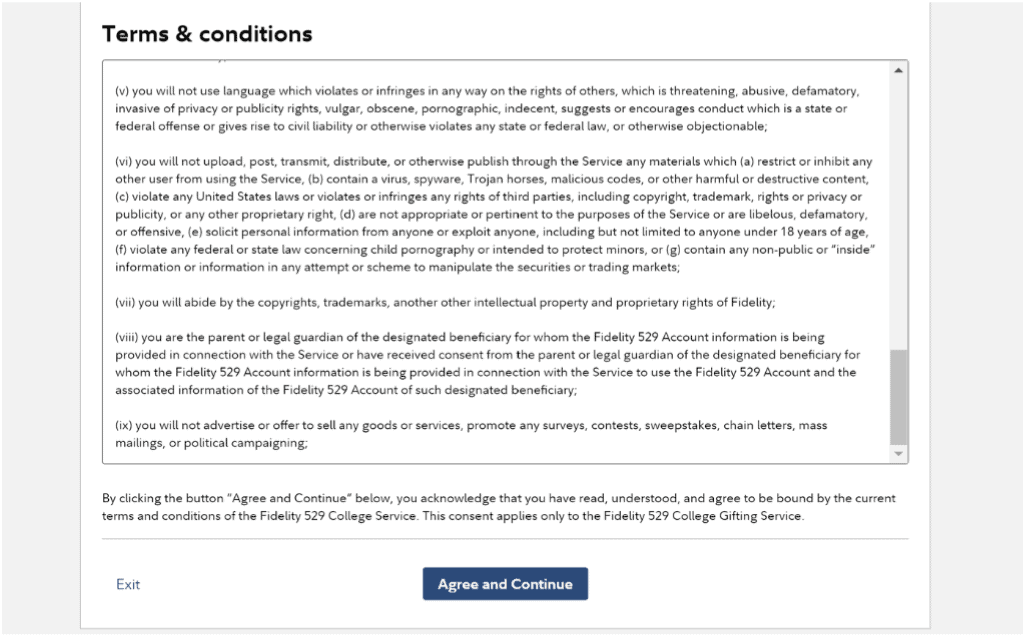 Screenshot of Terms and Conditions